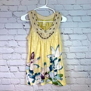 Butter Yellow Floral Beaded Artsy Tank Top Size XS FF0607